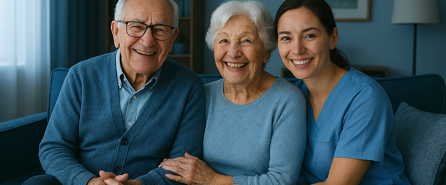 Eine Mitarbeiterin sitzt mit Bewohnern auf einer Couch